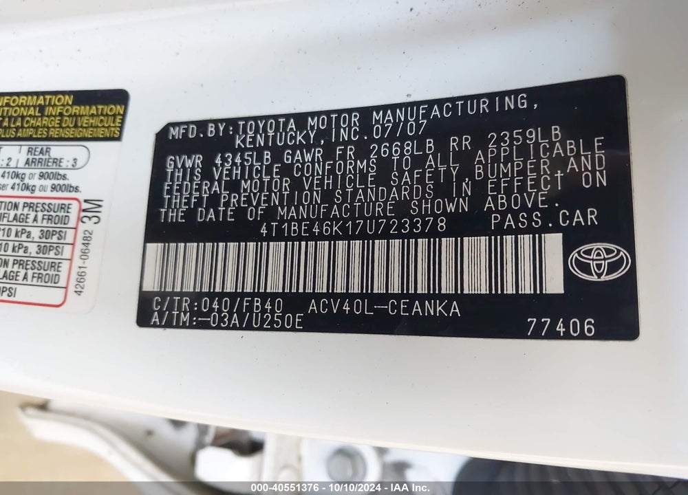 2007 TOYOTA CAMRY CE VIN: 4T1BE46K17U723378