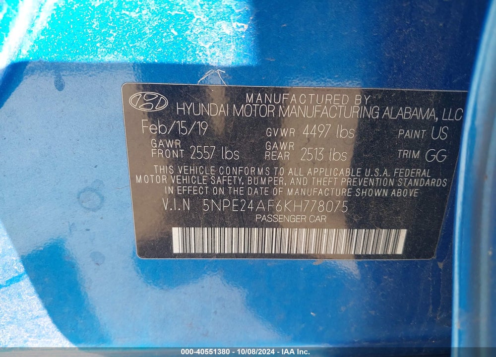 2019 HYUNDAI SONATA SE VIN: 5NPE24AF6KH778075