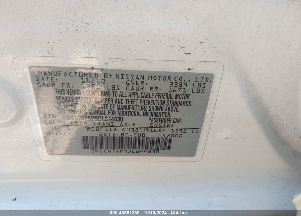 2013 NISSAN VERSA 1.6 SV VIN: 3N1CN7AP9DL844830