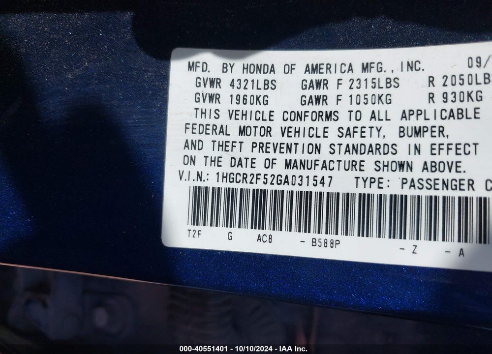 2016 HONDA ACCORD SPORT VIN: 1HGCR2F52GA031547
