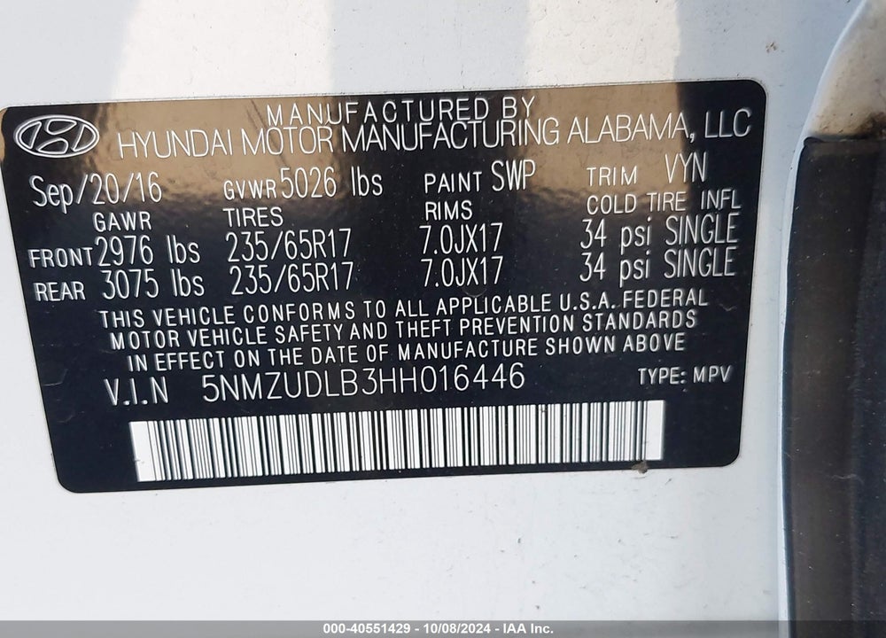 2017 HYUNDAI SANTA FE SPORT 2.4L VIN: 5NMZUDLB3HH016446