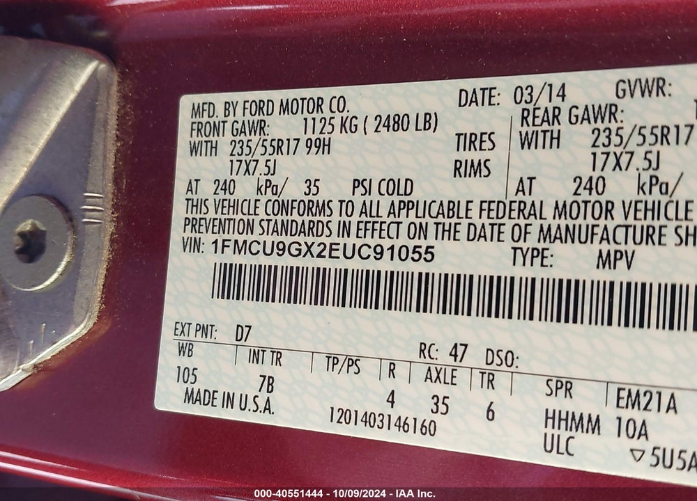 2014 FORD ESCAPE SE VIN: 1FMCU9GX2EUC91055