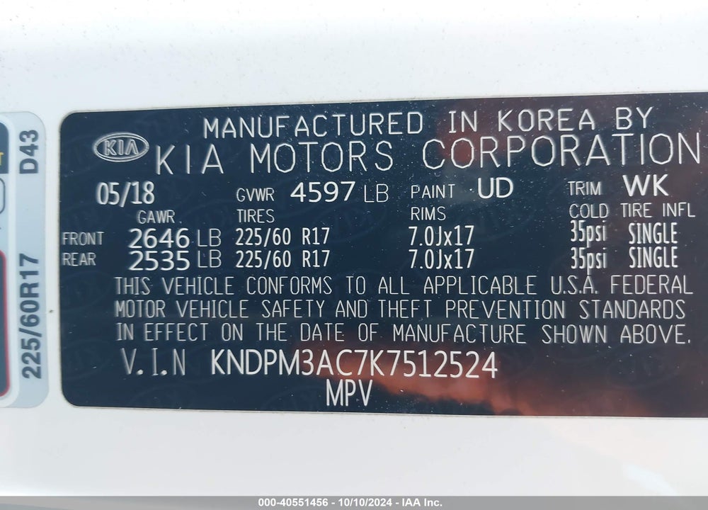 2019 KIA SPORTAGE LX VIN: KNDPM3AC7K7512524