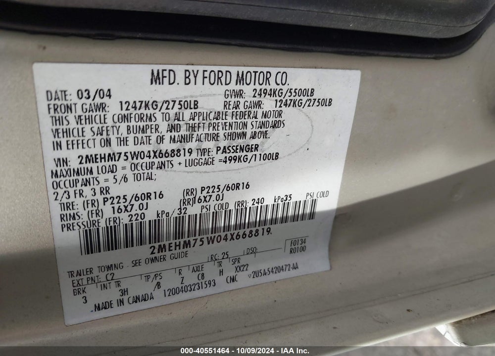 2004 MERCURY GRAND MARQUIS LS VIN: 2MEHM75W04X668819