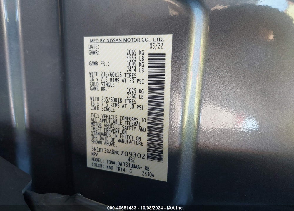 2022 NISSAN ROGUE SV FWD VIN: 5N1BT3BA8NC709302