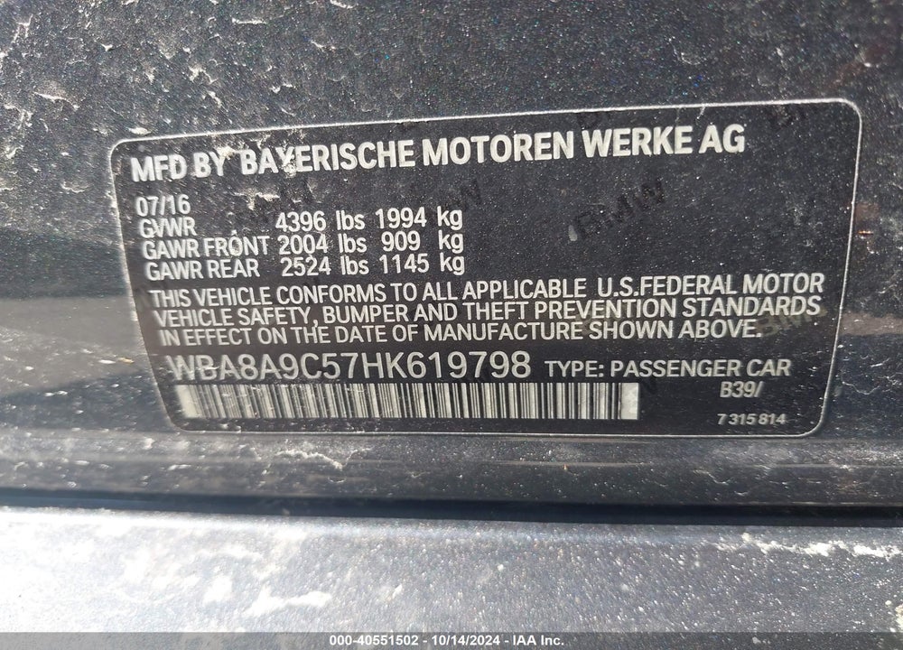2017 BMW 320I VIN: WBA8A9C57HK619798