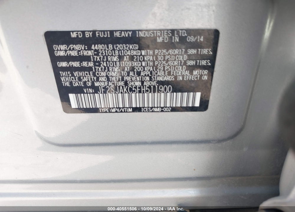 2015 SUBARU FORESTER 2.5I LIMITED VIN: JF2SJAKC5FH511900