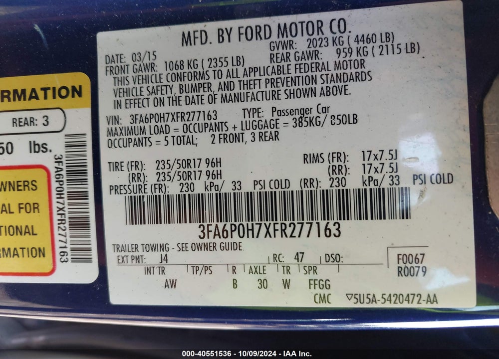 2015 FORD FUSION SE VIN: 3FA6P0H7XFR277163