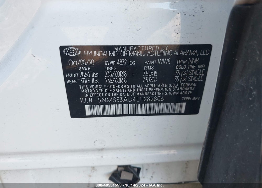 2020 HYUNDAI SANTA FE LIMITED VIN: 5NMS53AD4LH289806