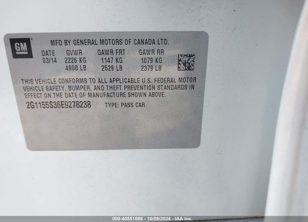 2014 CHEVROLET IMPALA 2LZ VIN: 2G1155S36E9278238