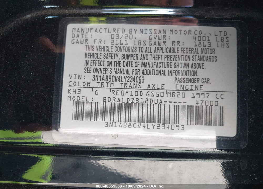 2020 NISSAN SENTRA SV XTRONIC CVT VIN: 3N1AB8CV4LY234093