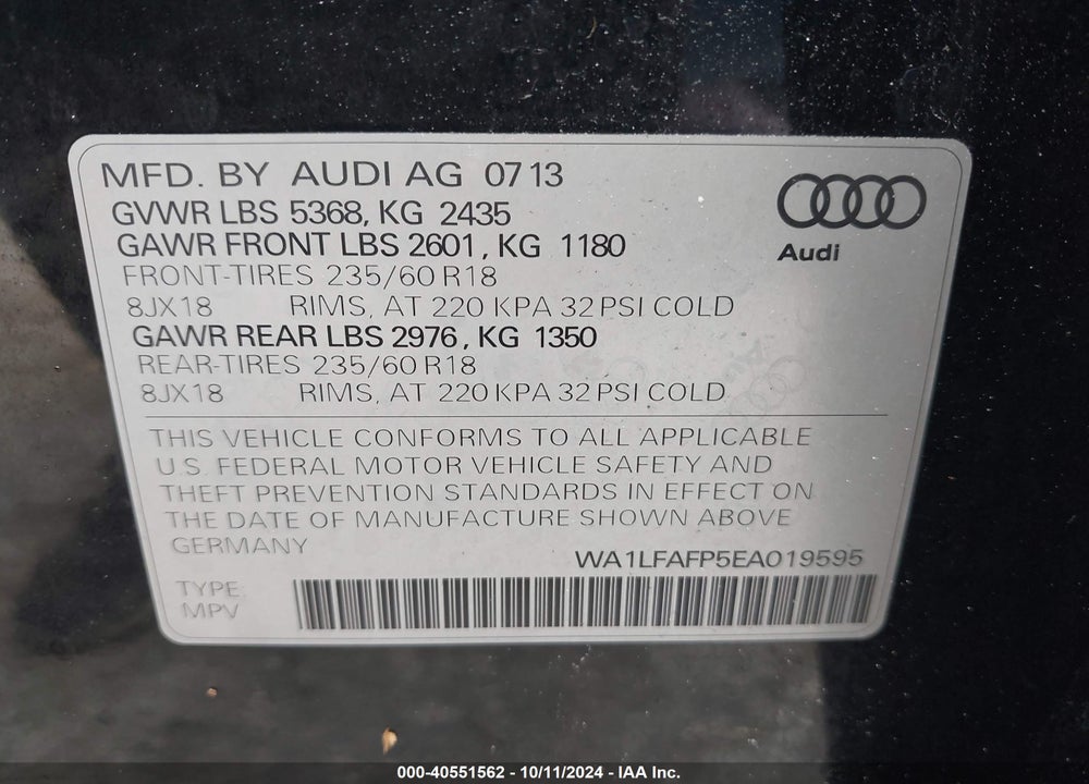 2014 AUDI Q5 2.0T PREMIUM VIN: WA1LFAFP5EA019595