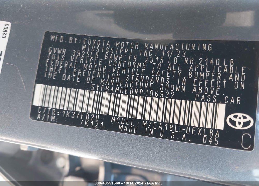 2024 TOYOTA COROLLA LE VIN: 5YFB4MDE0RP106932