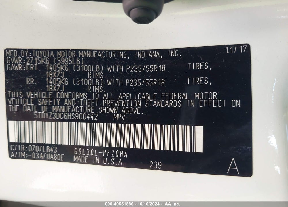 2017 TOYOTA SIENNA LIMITED PREMIUM 7 PASSENGER VIN: 5TDYZ3DC6HS900442