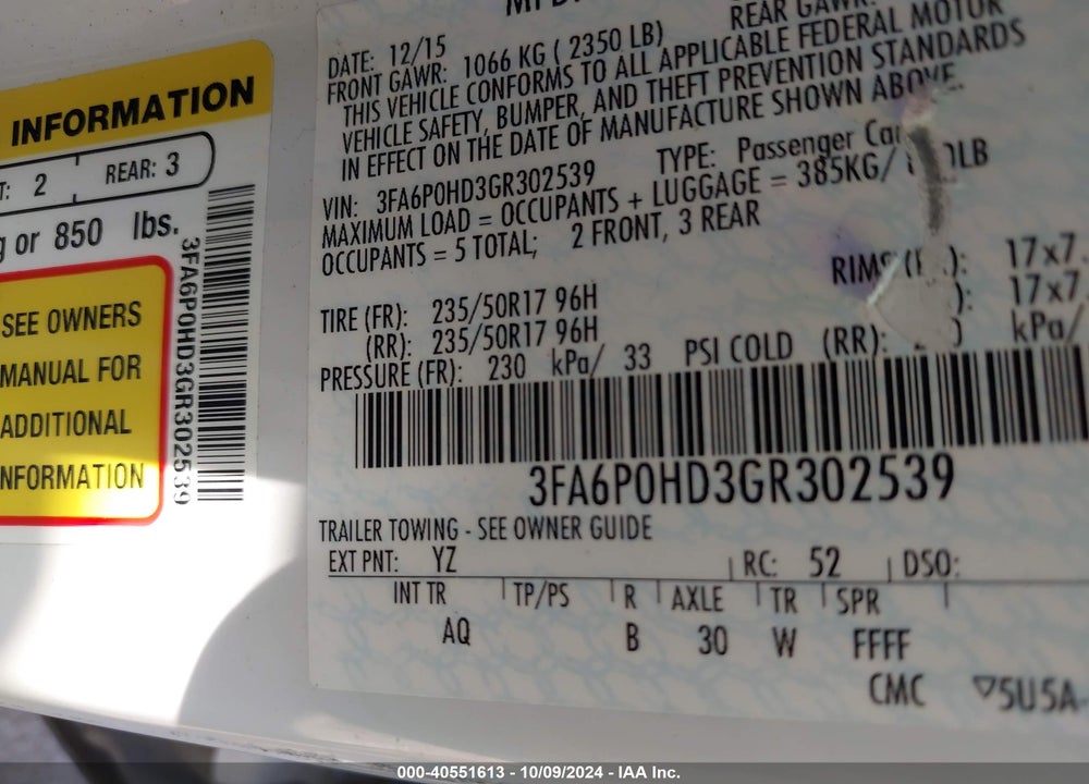 2016 FORD FUSION SE VIN: 3FA6P0HD3GR302539