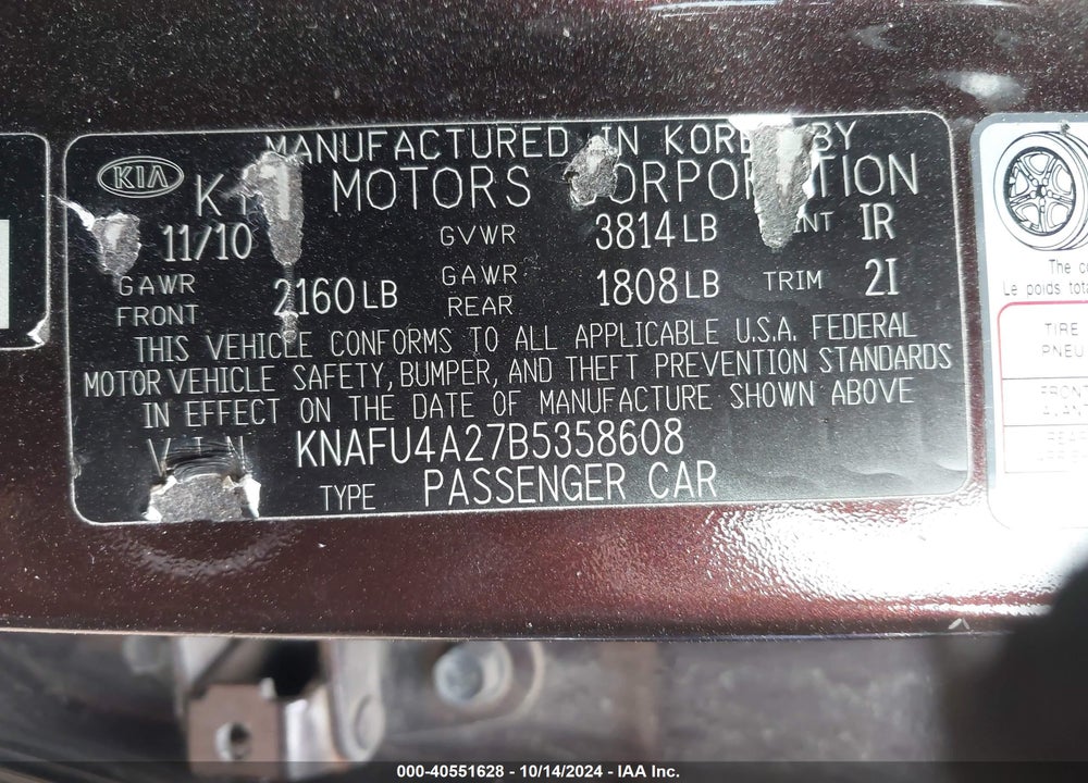 2011 KIA FORTE EX VIN: KNAFU4A27B5358608