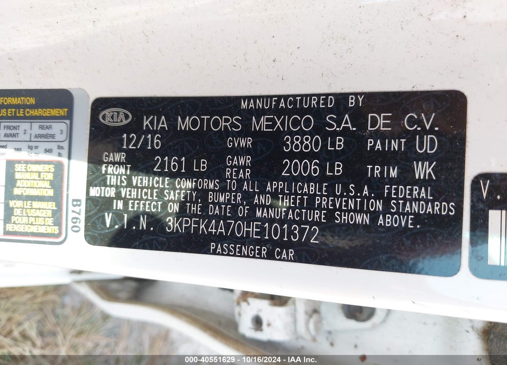 2017 KIA FORTE LX VIN: 3KPFK4A70HE101372