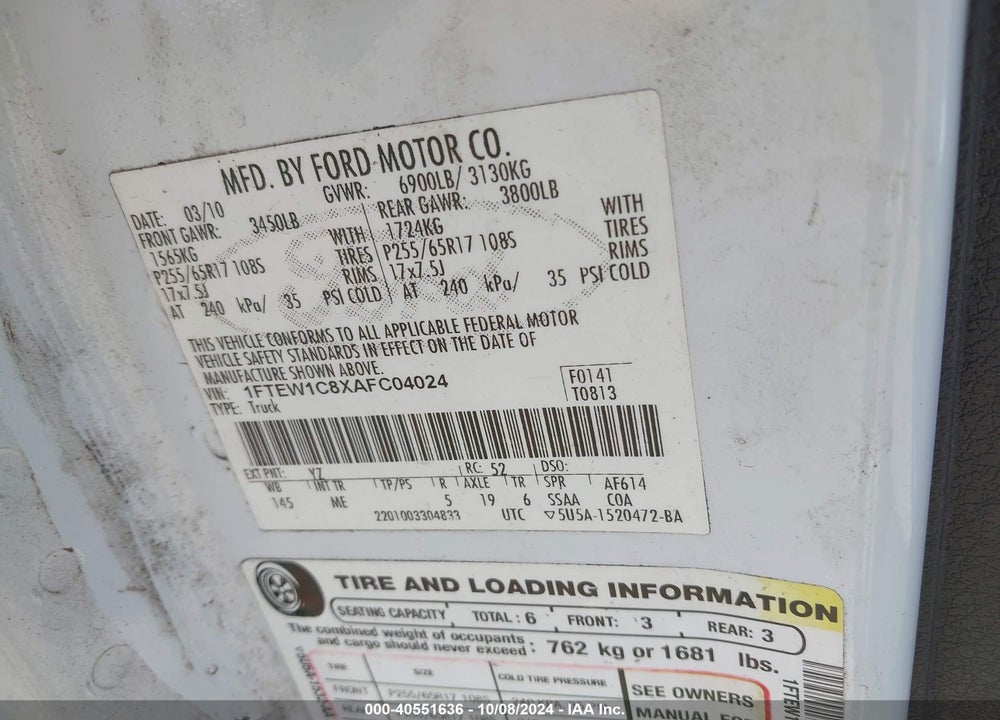 2010 FORD F-150 FX2 SPORT/XL/XLT VIN: 1FTEW1C8XAFC04024