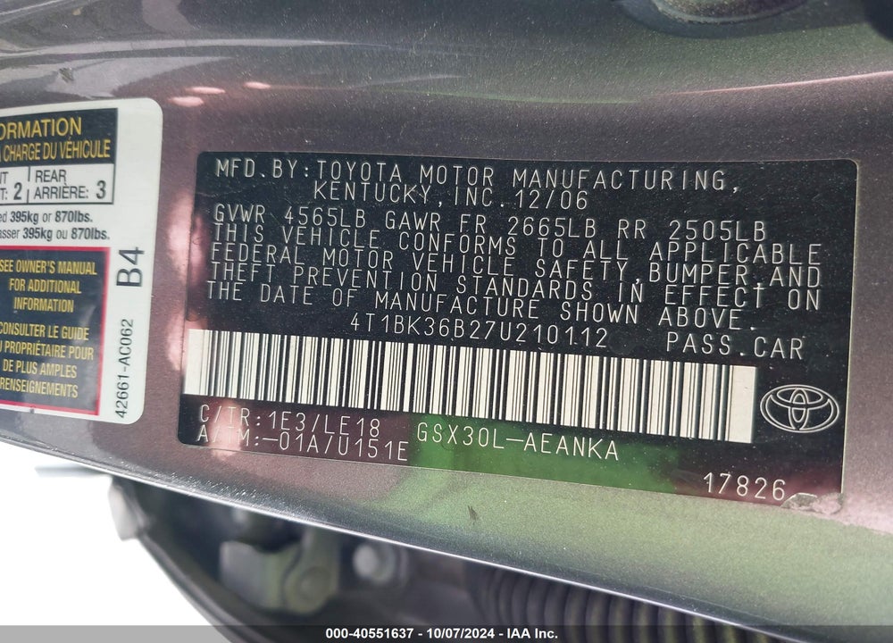 2007 TOYOTA AVALON TOURING VIN: 4T1BK36B27U210112