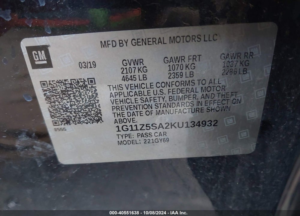 2019 CHEVROLET IMPALA LT VIN: 1G11Z5SA2KU134932