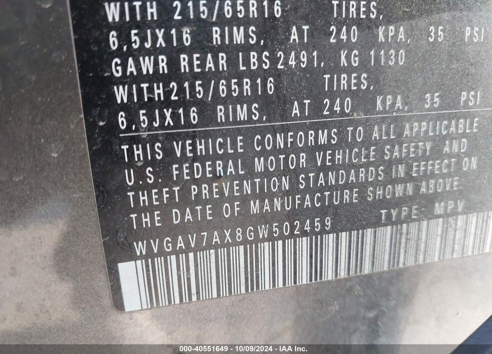 2016 VOLKSWAGEN TIGUAN S VIN: WVGAV7AX8GW502459