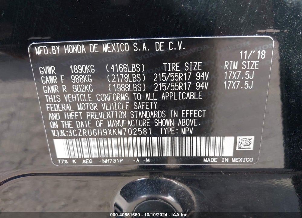 2019 HONDA HR-V TOURING VIN: 3CZRU6H9XKM702581