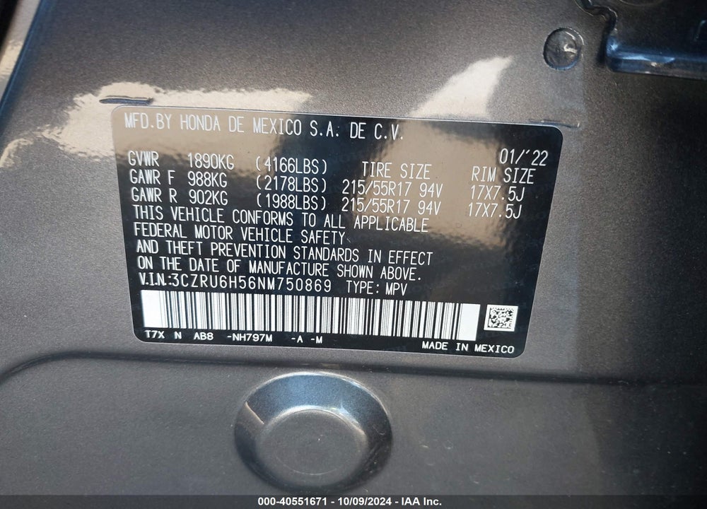 2022 HONDA HR-V AWD EX VIN: 3CZRU6H56NM750869