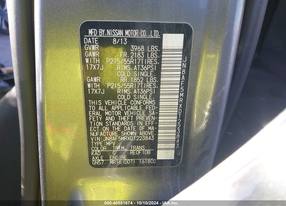 2013 NISSAN JUKE SV VIN: JN8AF5MRXDT223843