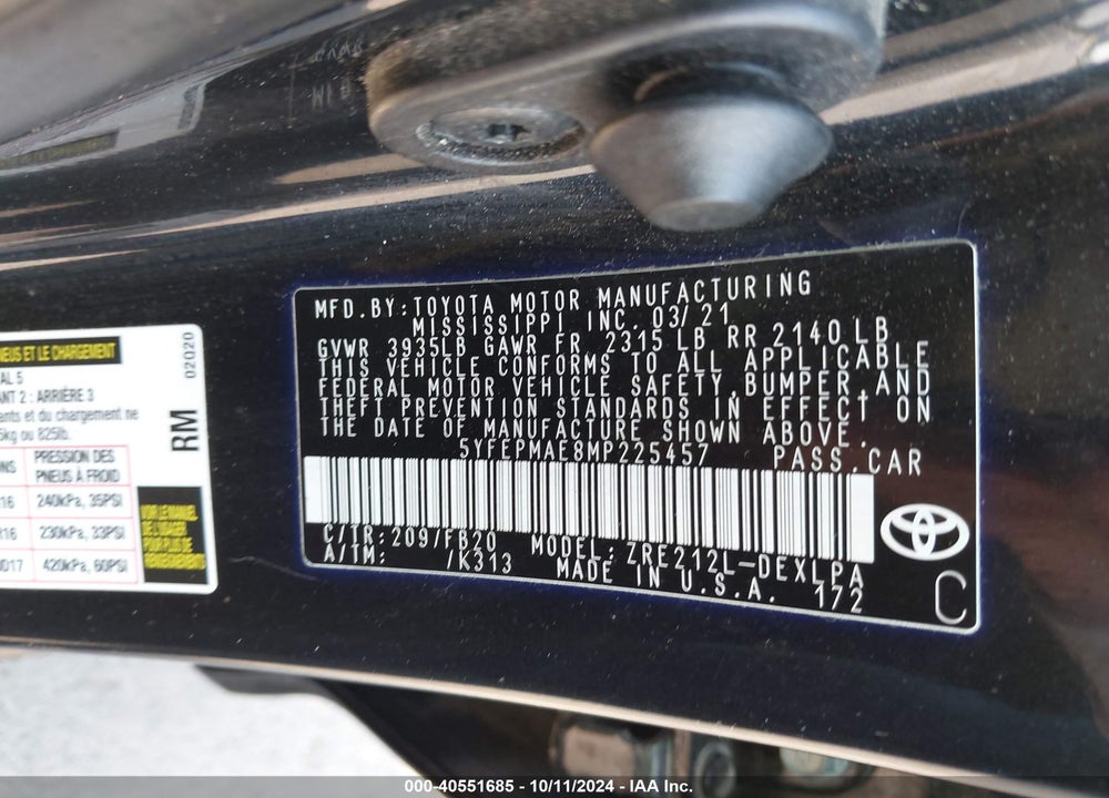 2021 TOYOTA COROLLA LE VIN: 5YFEPMAE8MP225457