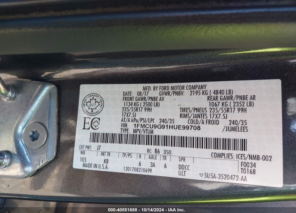 2017 FORD ESCAPE SE VIN: 1FMCU9G91HUE99708