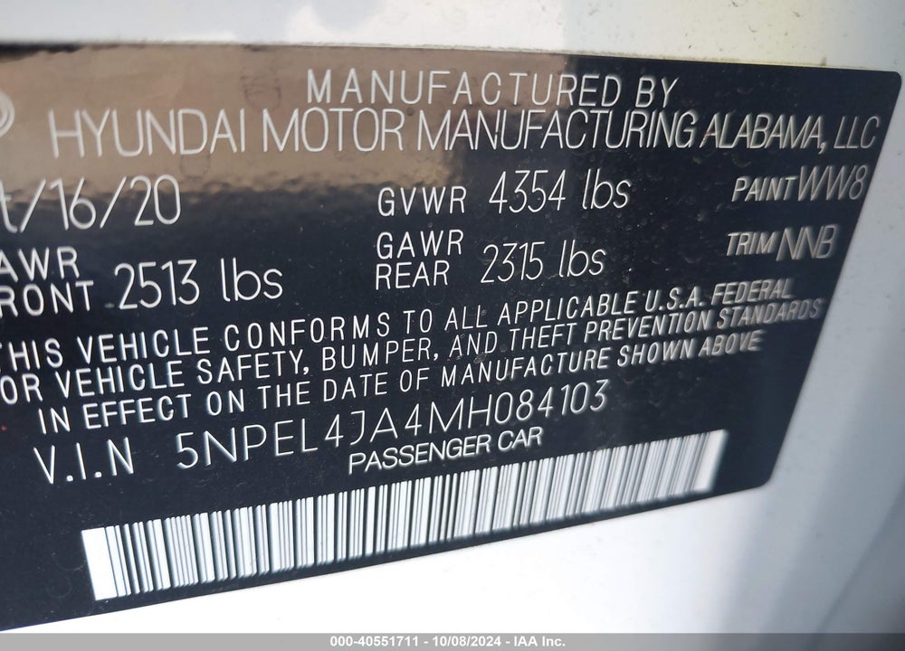 2021 HYUNDAI SONATA SEL VIN: 5NPEL4JA4MH084103