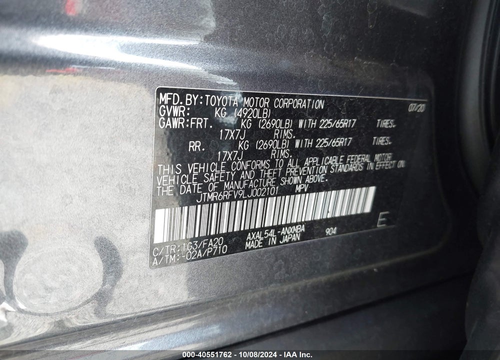 2020 TOYOTA RAV4 HYBRID XLE VIN: JTMR6RFV9LJ002101
