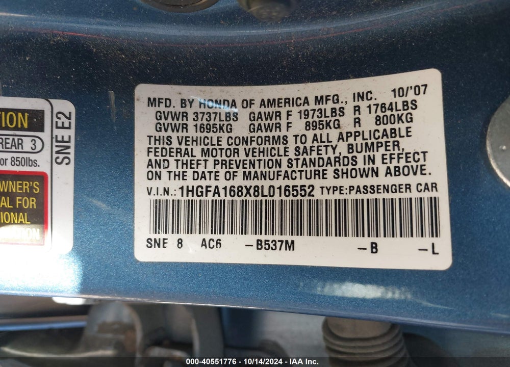 2008 HONDA CIVIC EX VIN: 1HGFA168X8L016552