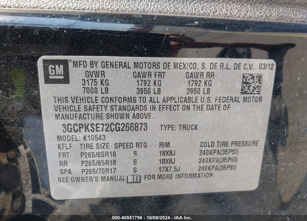 2012 CHEVROLET SILVERADO 1500 LT VIN: 3GCPKSE72CG266873