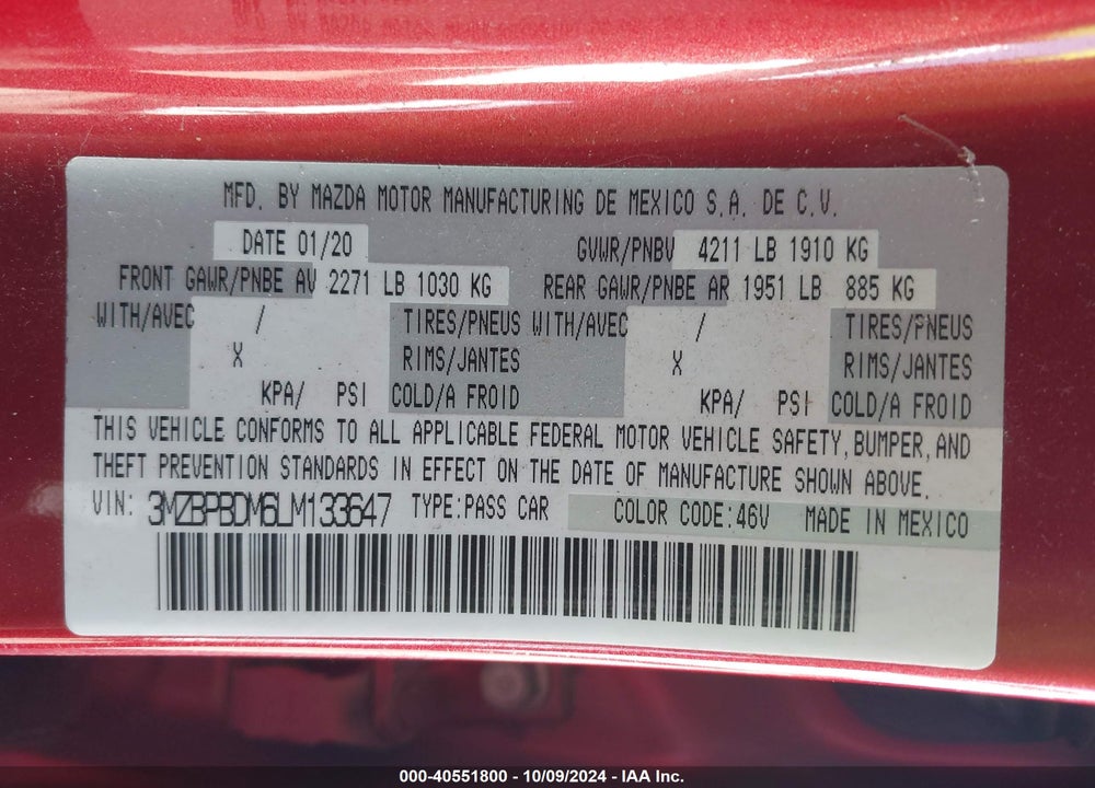 2020 MAZDA 3 PREFERRED PACKAGE VIN: 3MZBPBDM6LM133647