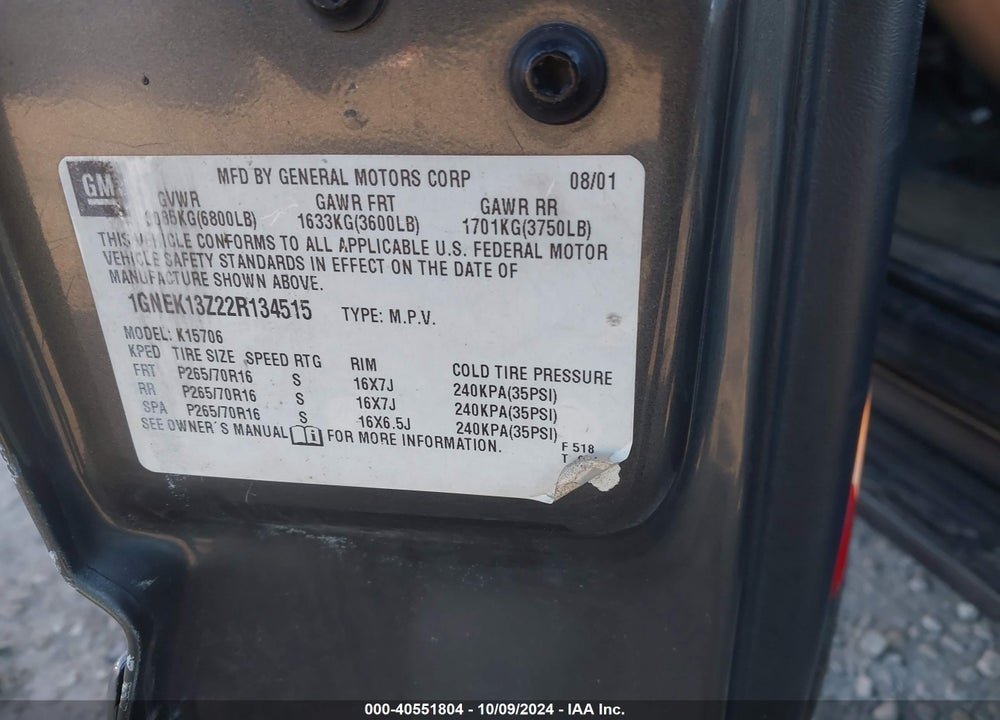 2002 CHEVROLET TAHOE LT VIN: 1GNEK13Z22R134515