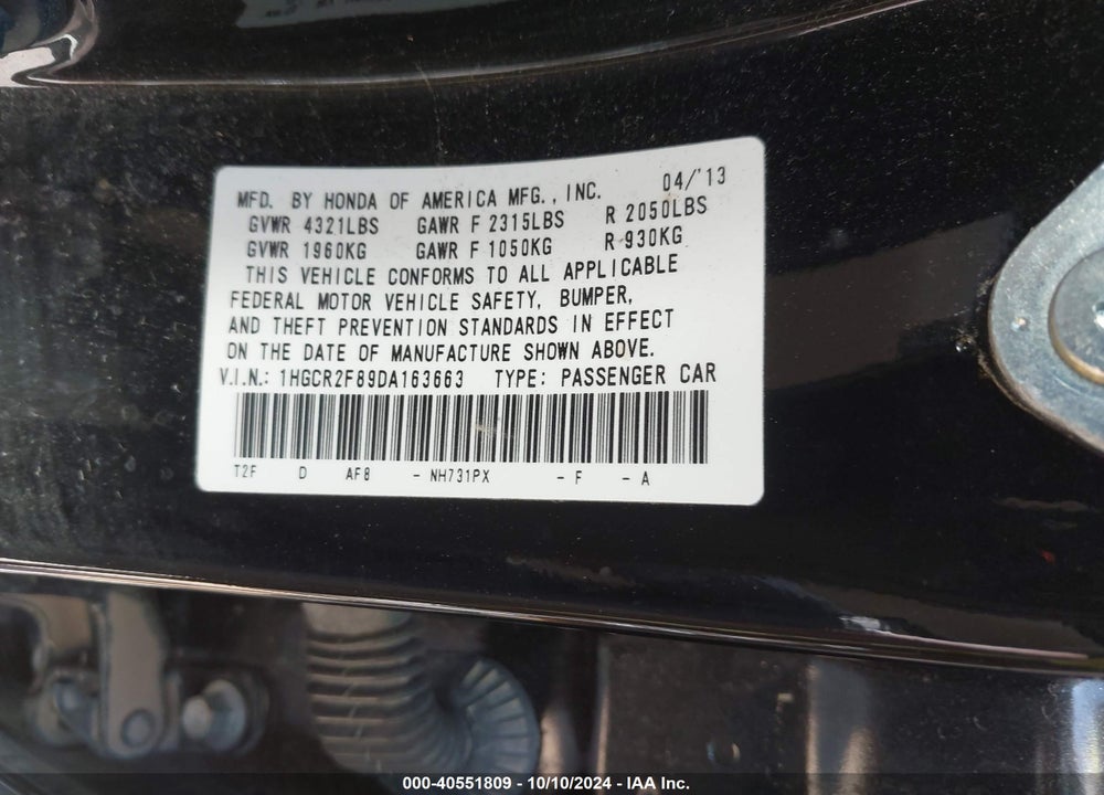 2013 HONDA ACCORD EX-L VIN: 1HGCR2F89DA163663