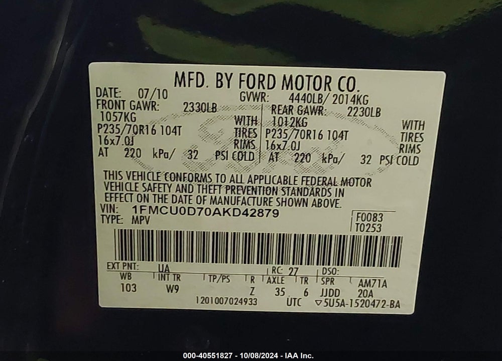 2010 FORD ESCAPE XLT VIN: 1FMCU0D70AKD42879
