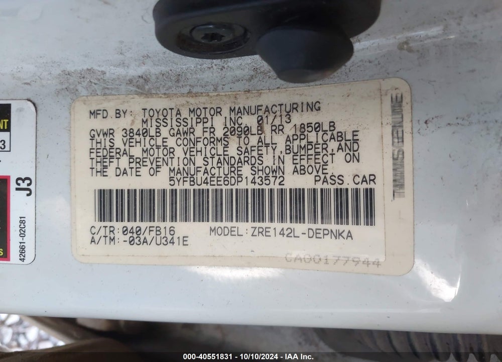2013 TOYOTA COROLLA LE VIN: 5YFBU4EE6DP143572