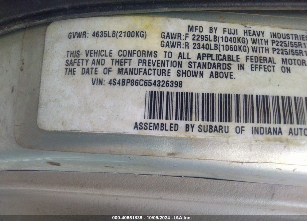 2005 SUBARU OUTBACK LL BEAN VIN: 4S48P86C654326398