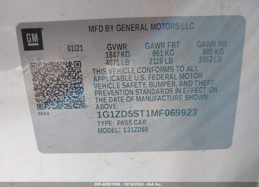 2021 CHEVROLET MALIBU FWD LT VIN: 1G1ZD5ST1MF069923