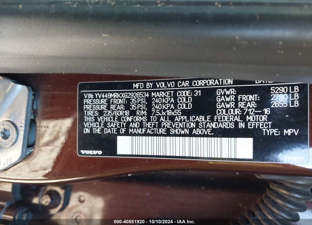 2016 VOLVO XC60 T6 DRIVE-E VIN: YV449MRKXG2926534