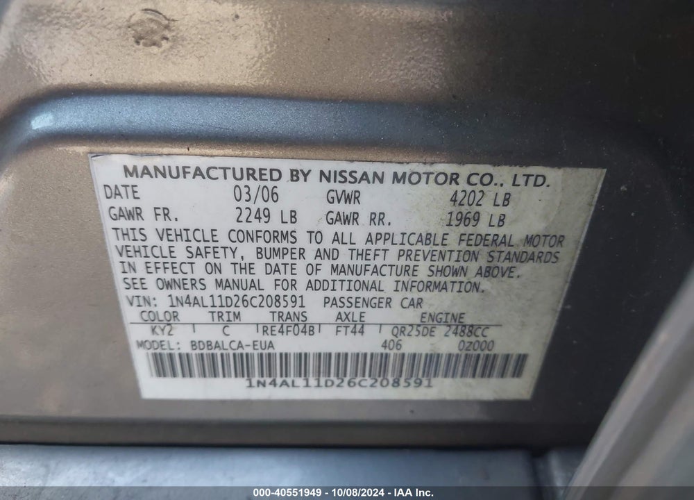 2006 NISSAN ALTIMA 2.5 S VIN: 1N4AL11D26C208591
