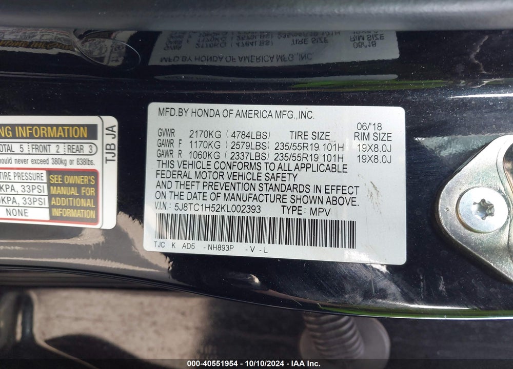 2019 ACURA RDX TECHNOLOGY PACKAGE VIN: 5J8TC1H52KL002393