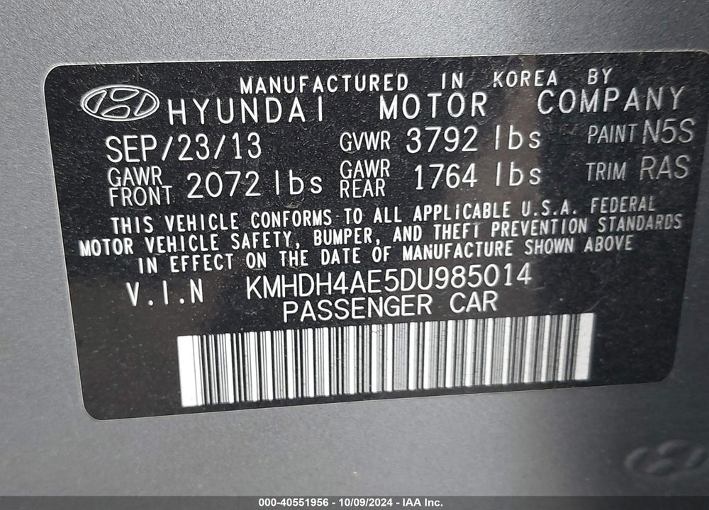 2013 HYUNDAI ELANTRA GLS VIN: KMHDH4AE5DU985014