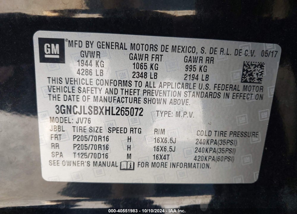 2017 CHEVROLET TRAX LT VIN: 3GNCJLSBXHL265072