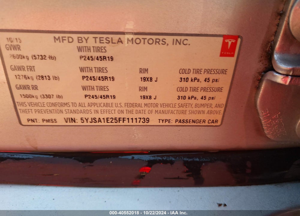 2015 TESLA MODEL S 70D/85D/P85D VIN: 5YJSA1E25FF111739