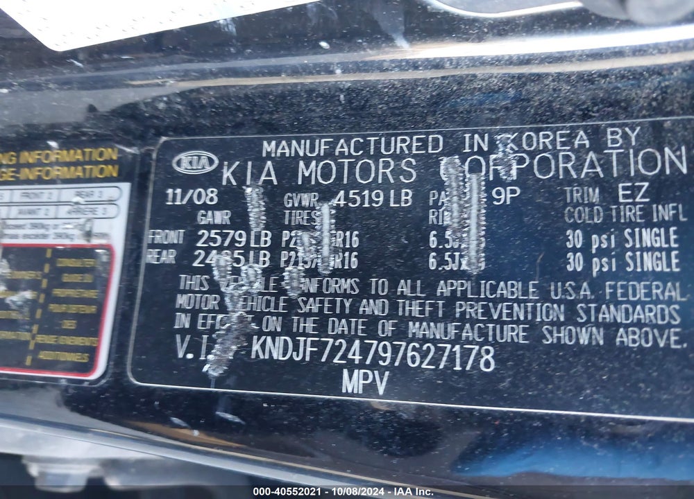 2009 KIA SPORTAGE VIN: KNDJF724797627178