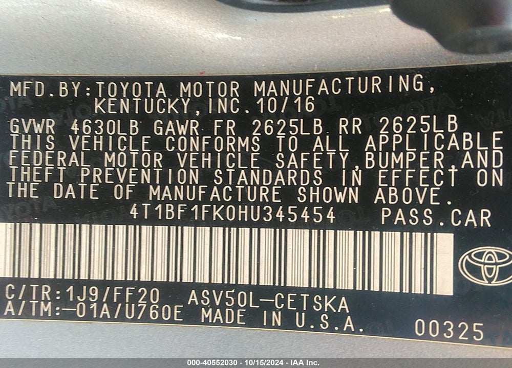 2017 TOYOTA CAMRY SE VIN: 4T1BF1FK0HU345454