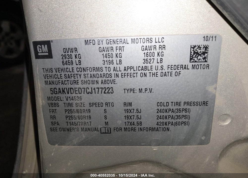 2012 BUICK ENCLAVE PREMIUM VIN: 5GAKVDED7CJ177223